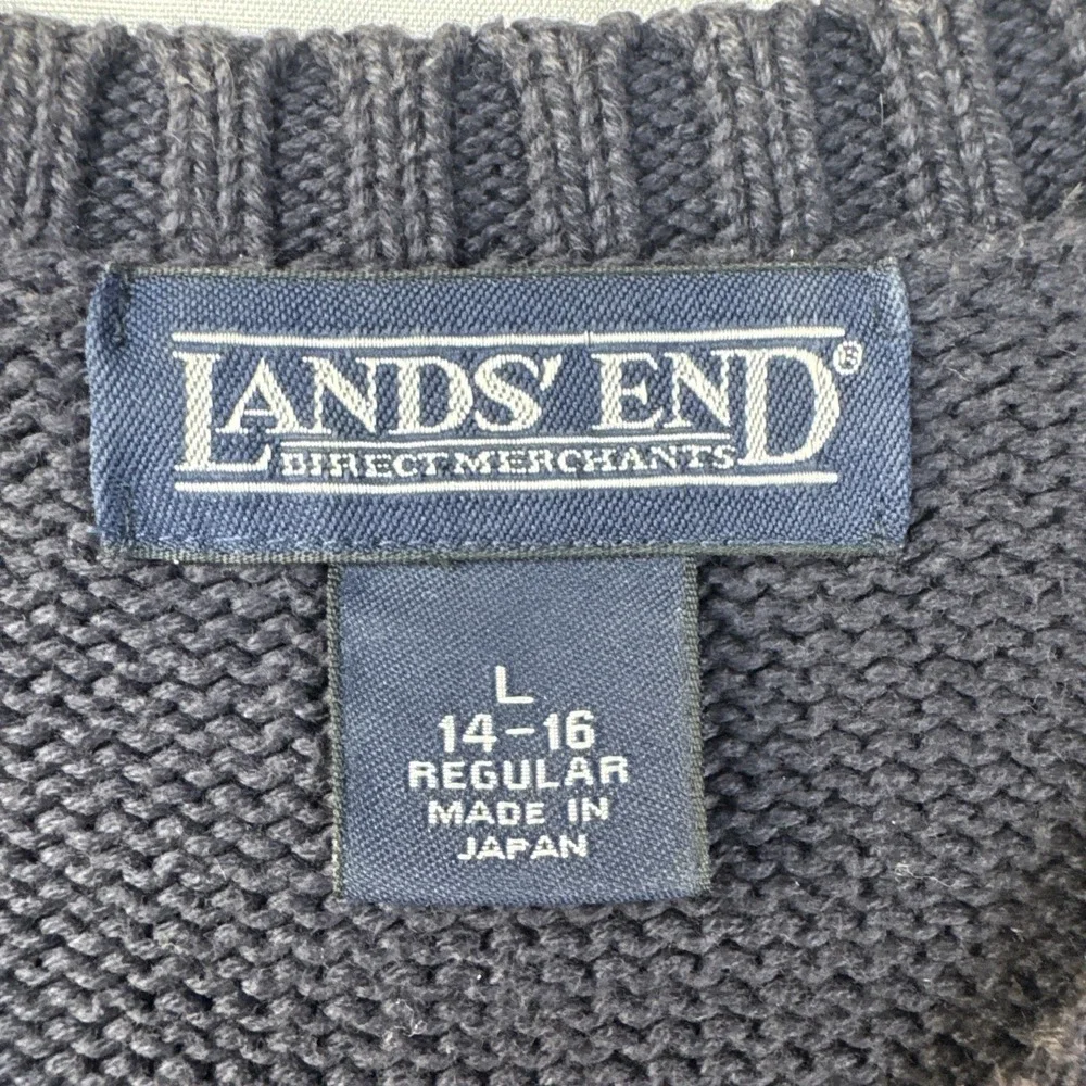 Lands' End Men's‎ V-Neck Sweater Large 14-16 Navy Blue 100% Cotton